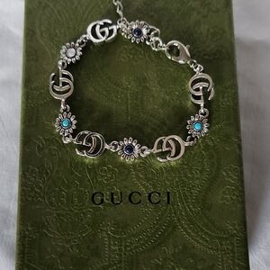 Gucci Silver Double G Flower Bracelet with Turquoise and Navy Stones